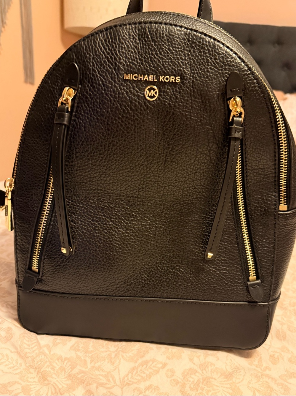 Michael Kors Black Pebbled Leather Gold-Accent Backpack